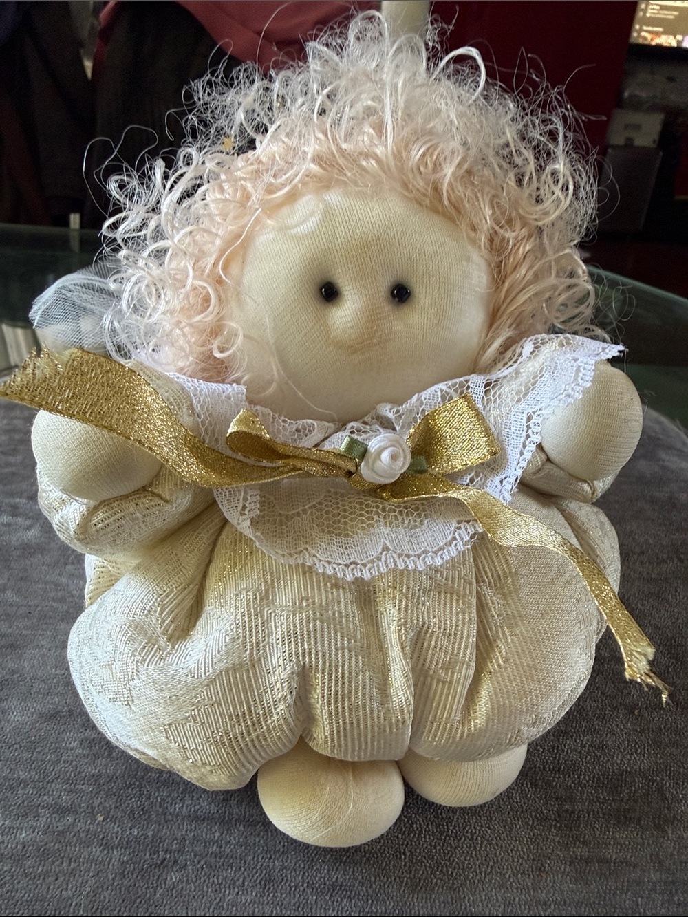 Handmade Cream Fabric Doll Angel with Gold Ribbon Accent